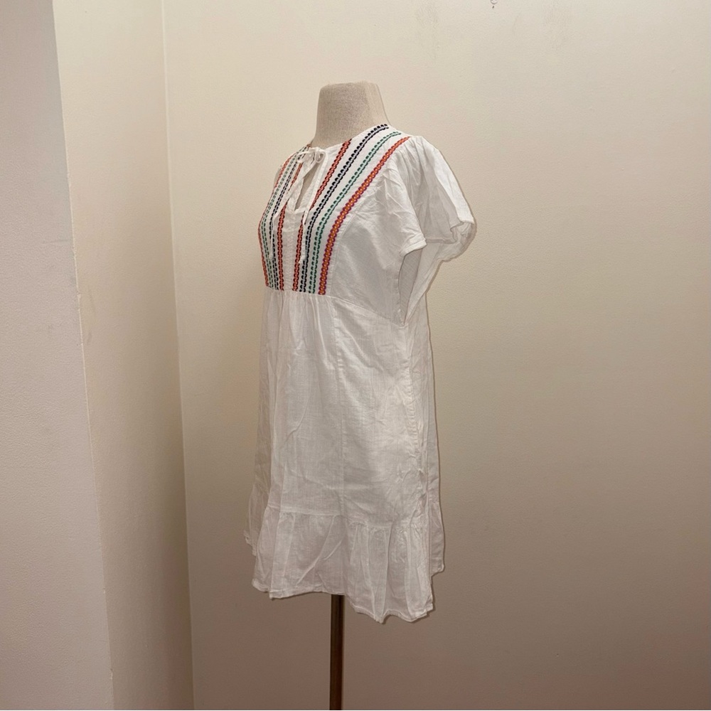 Knox Rose White Mini Tie Neck Cotton Blend Boho Peasant Sun Dress Size Medium - Picture 2 of 10